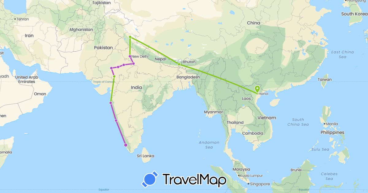 TravelMap itinerary: driving, train, electric vehicle in India, Vietnam (Asia)